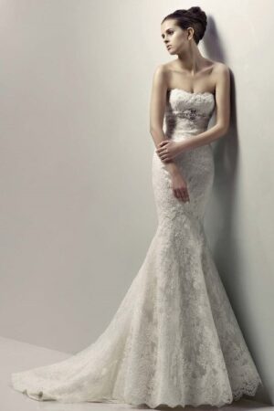 Front view of Champagne wedding dress from Blue by Enzoani