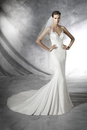 Front view of Plisa by Pronovias Crepe Wedding Dress