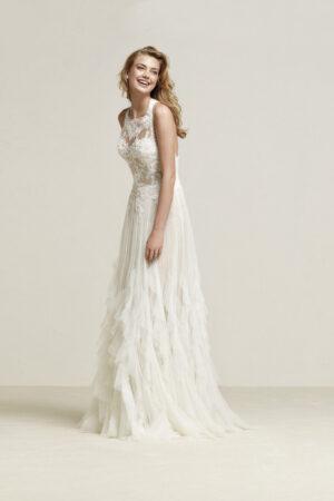 Front view of Draconia wedding dress by Pronovias