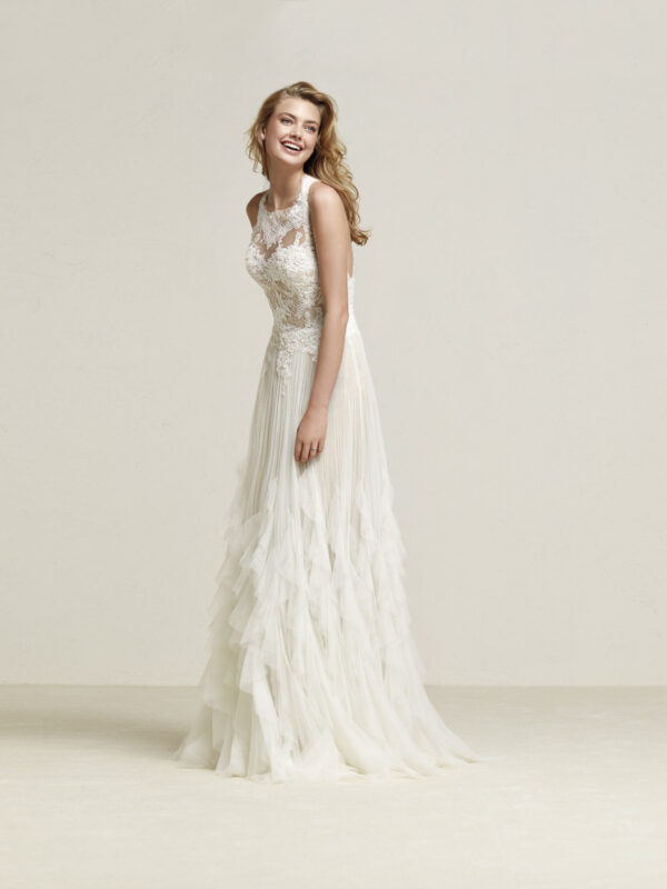 Front view of Draconia wedding dress by Pronovias