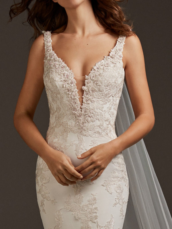 Auriga wedding dress by Pronovias Bridal front view close up