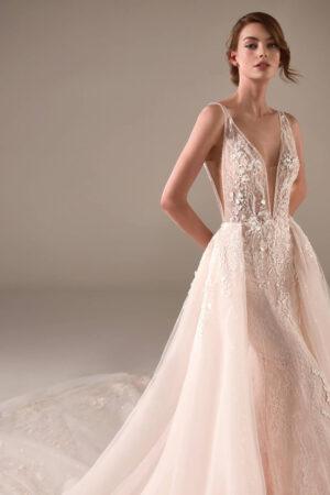 Chimamanda wedding dress by Pronovias Bridal close up with train