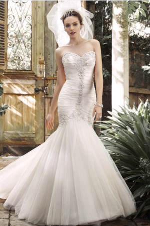 Front view of Cerise wedding dress by Maggie Sottero