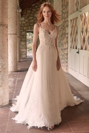 Livvy by Maggie Sottero chiffon a-line wedding dress front view