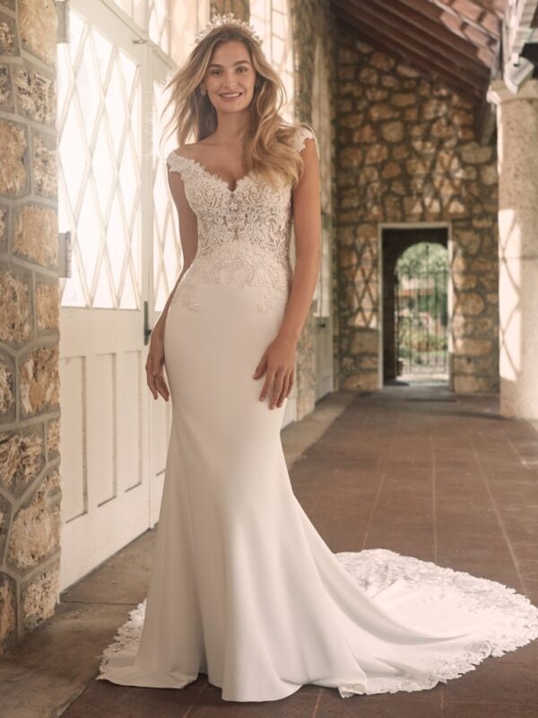 Antonella by Maggie Sottero crepe sheath wedding dress full view