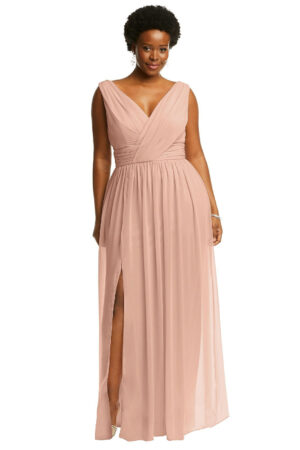 2894 by Dessy After Six SLEEVELESS DRAPED CHIFFON MAXI DRESS WITH FRONT SLIT IN PALE PEACH bridesmaid dress wedding guest dresses front view