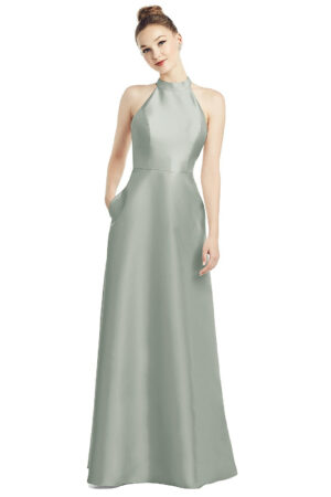 D772 by Alfred Sung High Neck Cut-Out Satin Bridesmaid Dresses Wedding Guest Dresses Satin twill front view