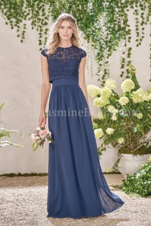 B193010 by B2 Belsoie Long Sweetheart Neckline Poly Chiffon Bridesmaid Dress with Lace Top