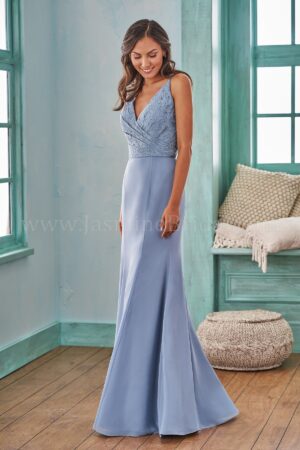 B203007 by B2 Jasmine Long V-neck Fit and Flare Lace & Poly Chiffon Bridesmaid Dress