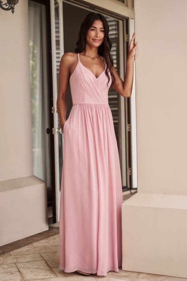 B243007 by B2 Jasmine Poly Chiffon A-line Dress with Halter Neckline and Keyhole Back