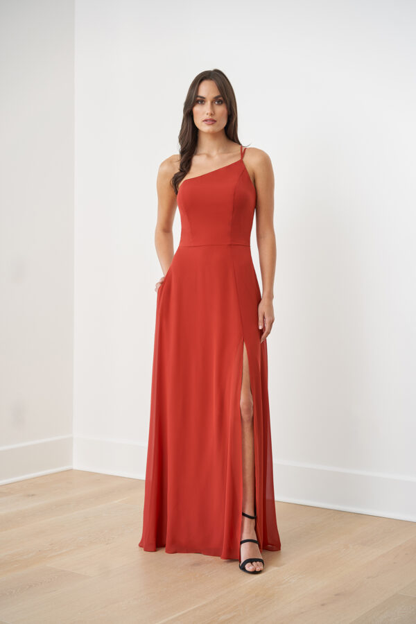 B253051 by B2 Jasmine off the shoulder bridesmaid dresses spaghettit straps with slit trendy one shoulder dress