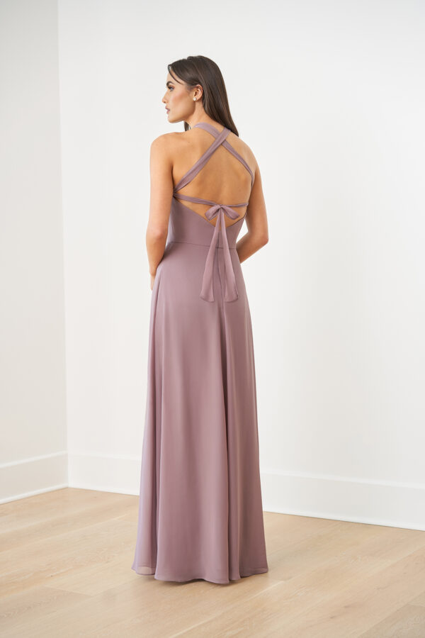 B253054 by B2 Jasmine Poly Chiffon A-line Bridesmaid  Dress with Twist Halter Neckline and Criss Cross Tie Back