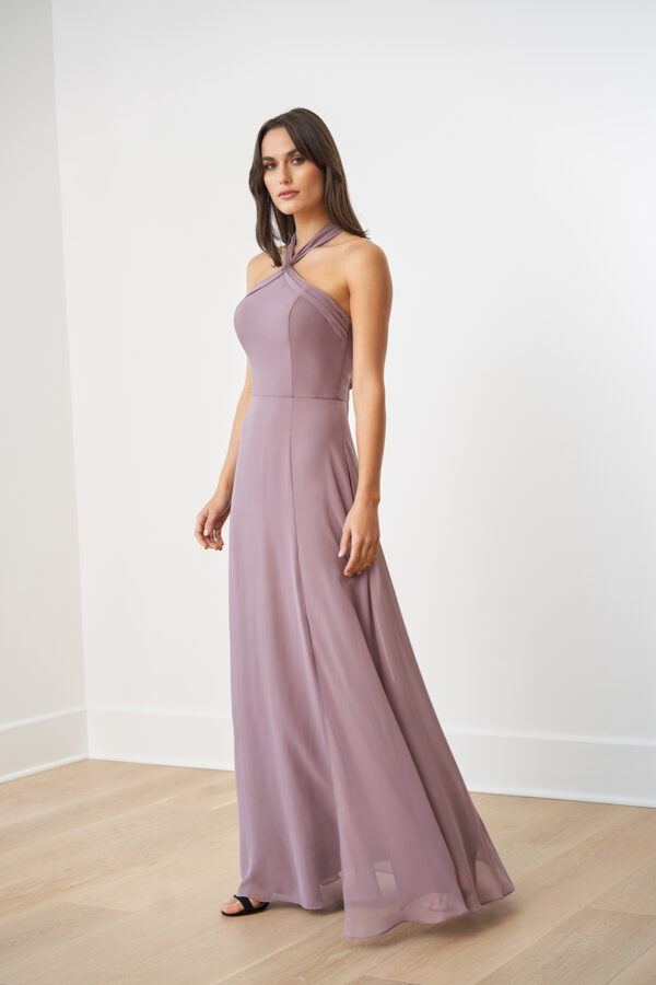 B253054 by B2 Jasmine Poly Chiffon A-line Bridesmaid  Dress with Twist Halter Neckline and Criss Cross Tie Back