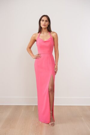 A fabulous Poly Chiffon sheath gown with lovely softly draped cowl halter neckline and narrow pencil skirt with sexy front slit. The halter ties at the back into a lovely bow with streamers while the back bodice has a slight V-neckline.