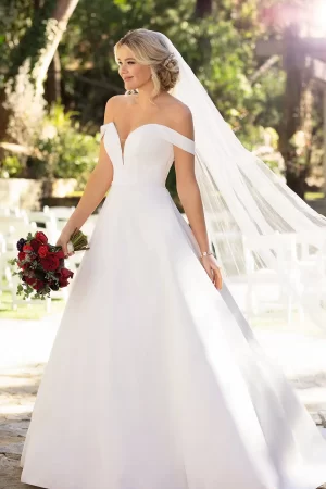 Picture of front of essense of Australia wedding dress d2761. Dress is a satin ballgown with off-the-shoulder-straps