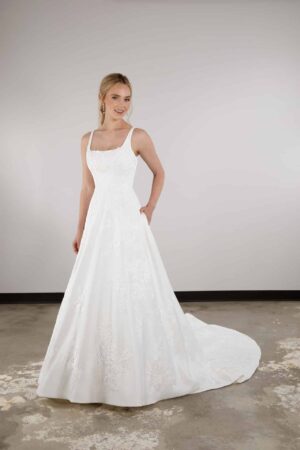 picture of front of wedding dress 3965. Modest A-line wedding dress with straps and floral