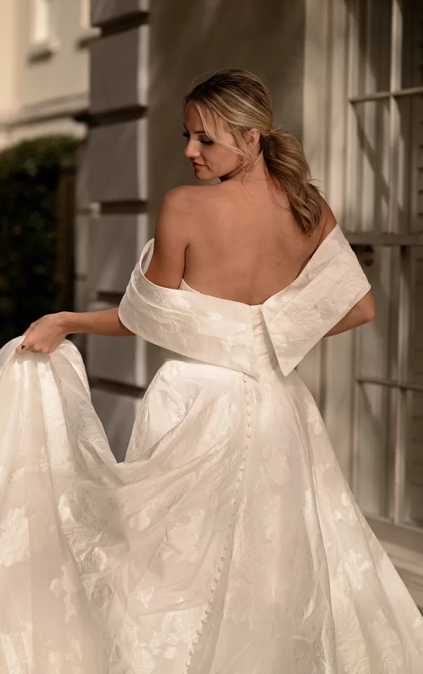 picture of wedding dress D3971 back showing off-ethe-shoulder shawl