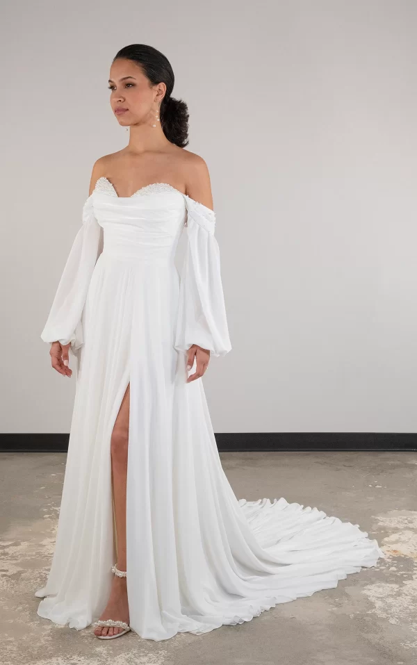 picture of front of D4087 wedding dress with off the shoulder sleeves