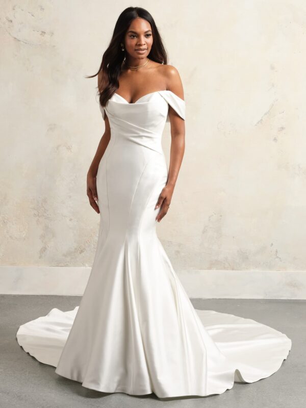 picture of lelaini marie satin wedding dress with aysmmetrical bodice