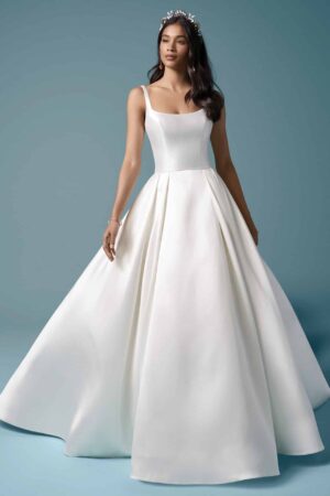 picture of selena by Maggie Sottero wedding dress front. Picture shows satin A-line wedding dress with square neckline