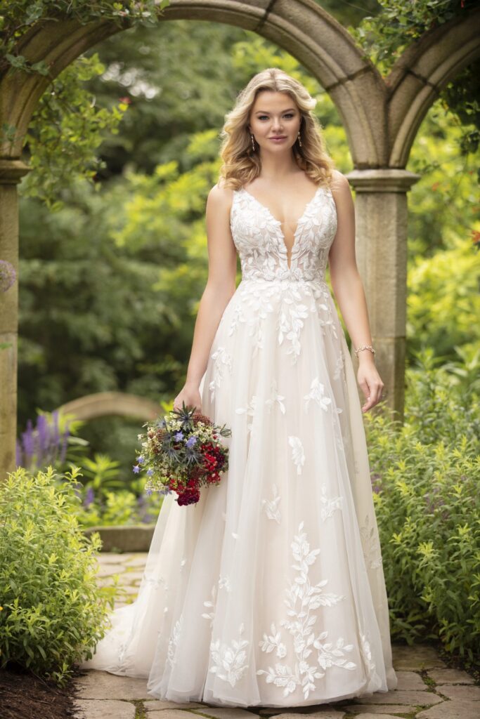 A-line wedding dress with leaf lae D3023 by Essense of Australia