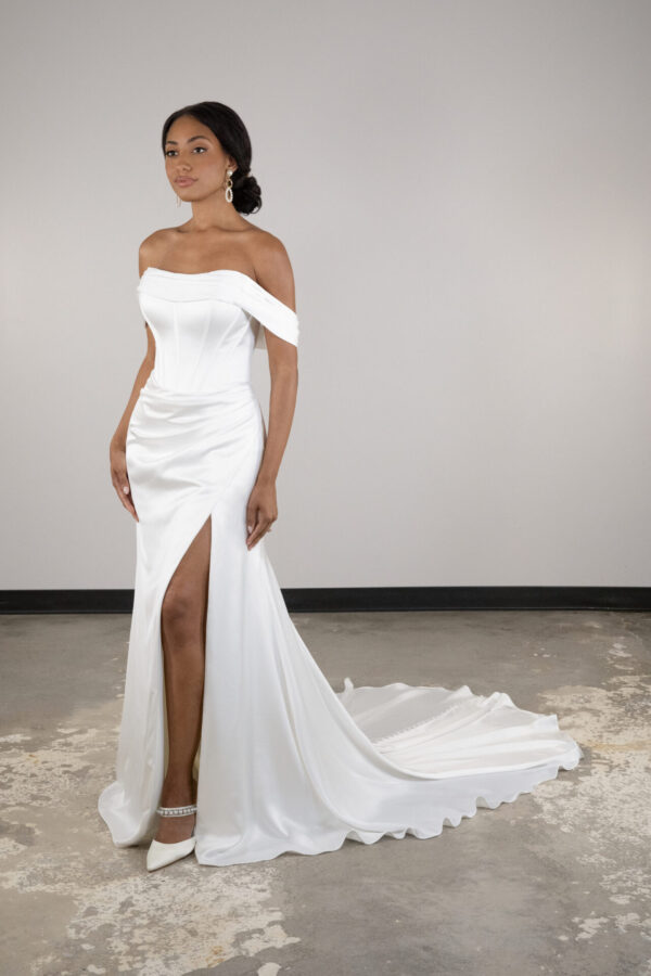 picture of D4093 by Essense of Australia wedding dress. Sheath wedding dress with slit