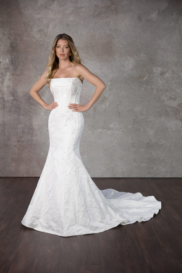 D4149 by Essense of Australia wedding dress fit and flare in jacquard