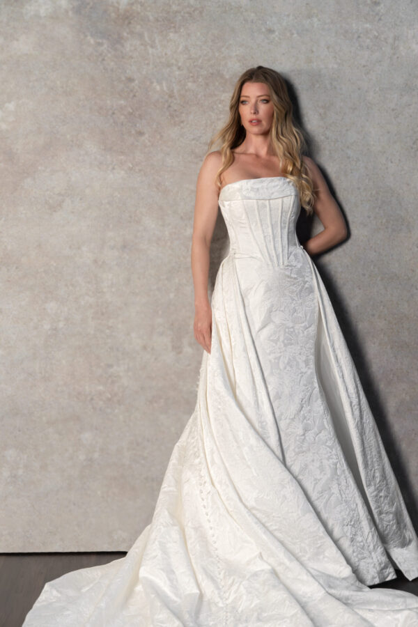 D4149 by Essense of Australia wedding dress fit and flare in jacquard with overskirt