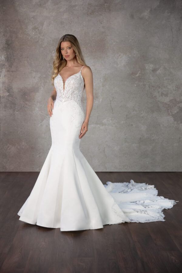 D4226 by Essense of Australia a satin fit and flare with lace train