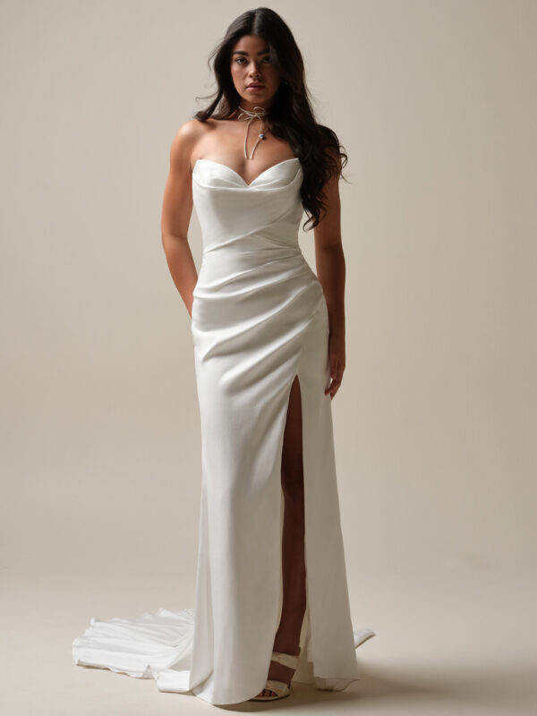 Picture of Camille by Maggie Sottero a simple satin sheath wedding dress with a slit