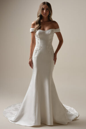 picture of Loreen by Maggie sottero a satin fit and flare with scoop neckline