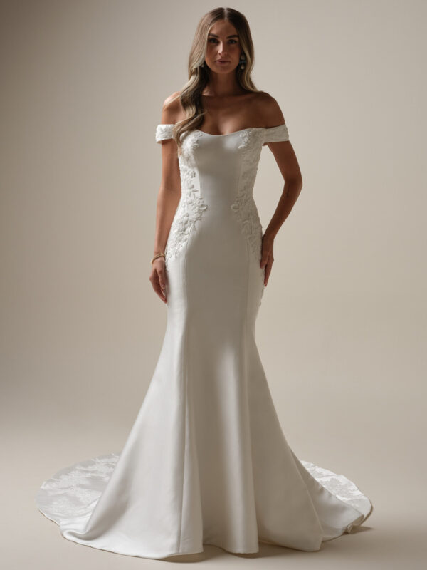 picture of Loreen by Maggie sottero a satin fit and flare with scoop neckline