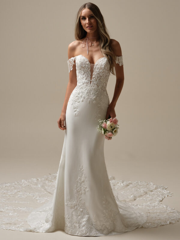 Picture of Yara by Maggie Sottero a fitted wedding dress with lace train