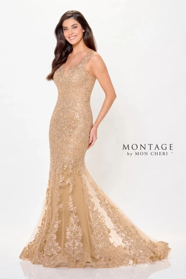 gold montage mother of the bride dress with a train M906